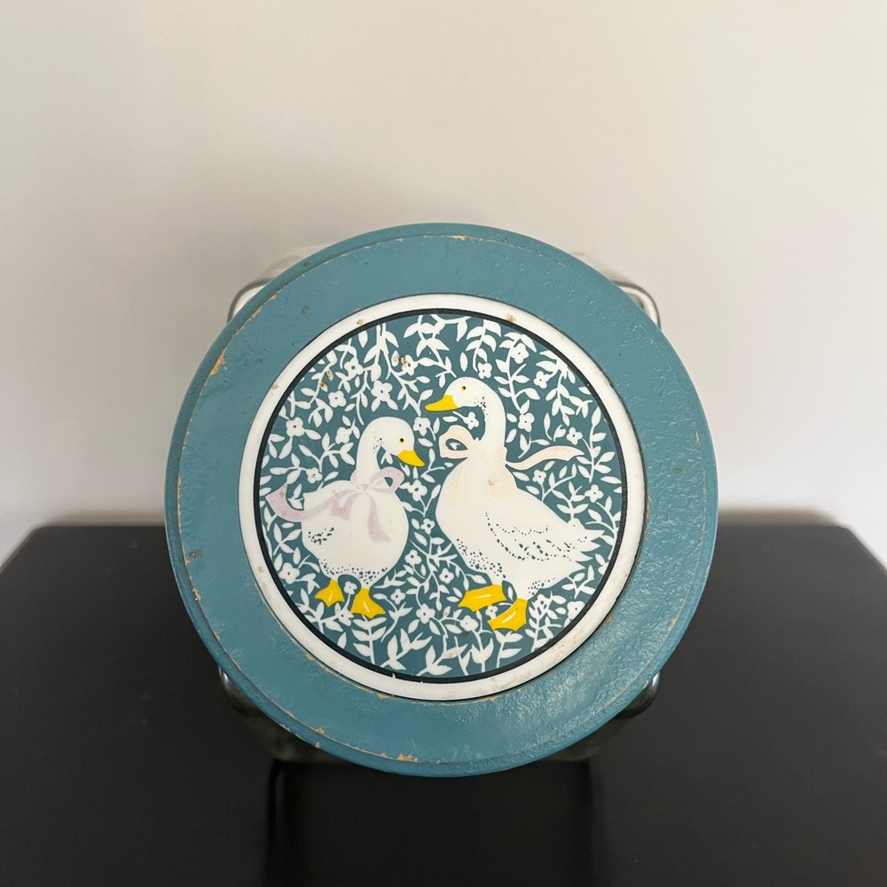 Vintage Blue Ribbon Geese Glass Canister
